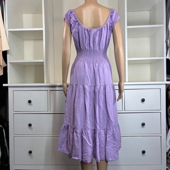 BDG Urban Outfitters Lavender Smocked Tiered Midi Dress Puff Sleeve Tie Neck XS - Picture 2 of 6
